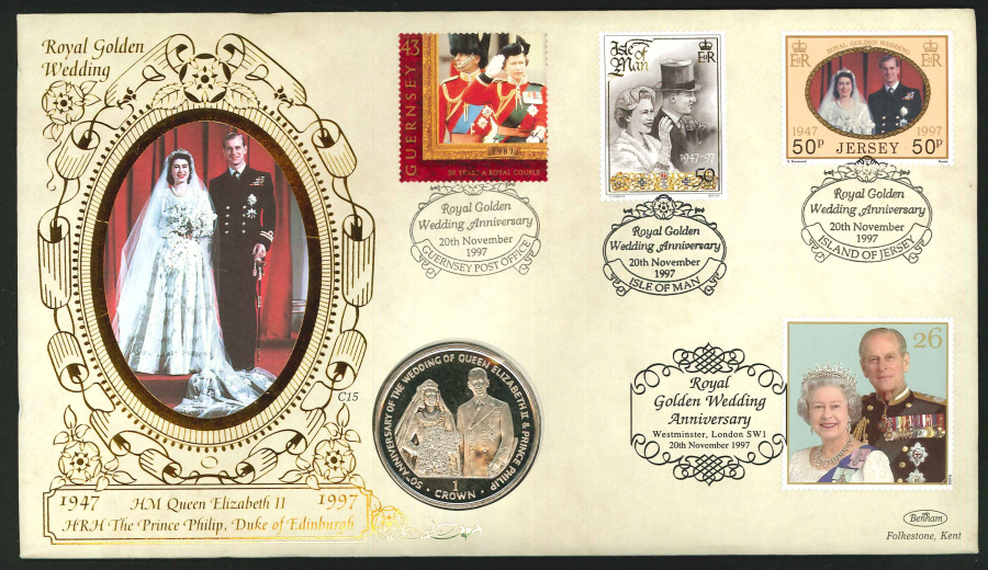 1997 - Golden Wedding Coin First Day Cover- £5 Coin & IoM, Jersey, Guernsey, SW1 Postmark - Click Image to Close