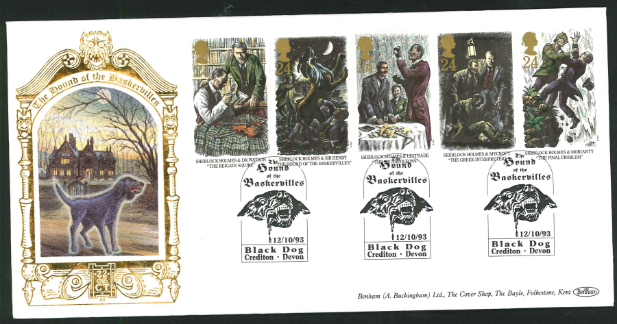 1993 - Sherlock Holmes First Day Cover - Hound of the Baskervilles, Black Dog Postmark