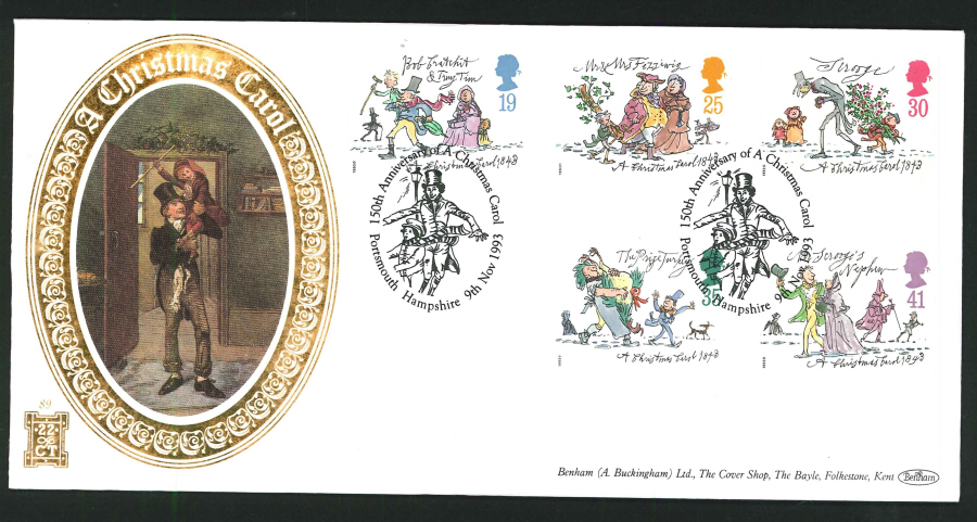 1993 - Christmas First Day Cover - A Christmas Carol, Portsmouth Postmark