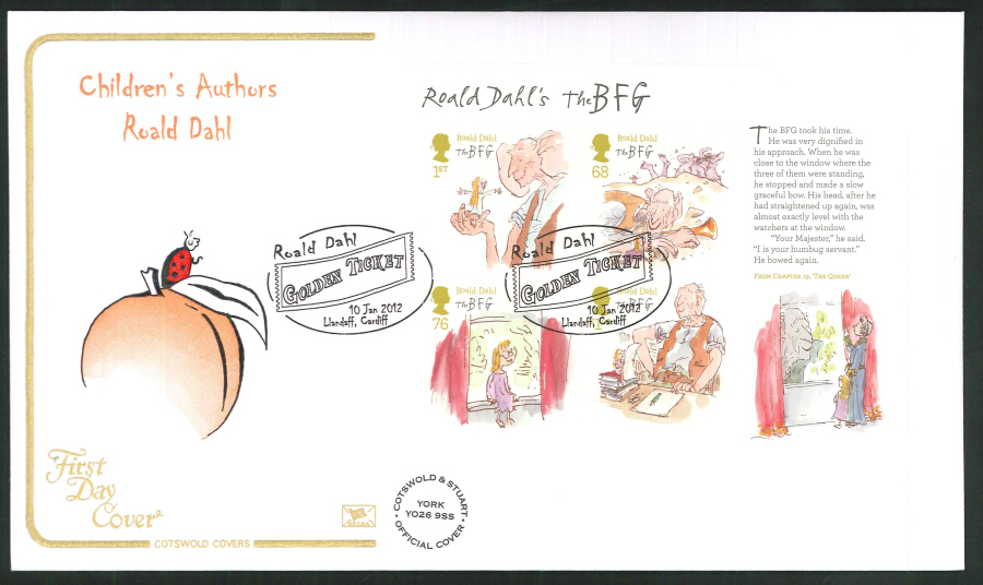 2012 - Children's Authors Roald Dahl - Mini Sheet FDC - Golden Ticket, Llandaff, Cardiff Postmark - Click Image to Close