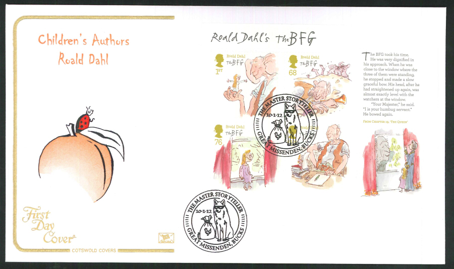2012 - Children's Authors Roald Dahl - Mini Sheet FDC - The Master Storyteller , Great Missenden (Fox), Bucks Postmark