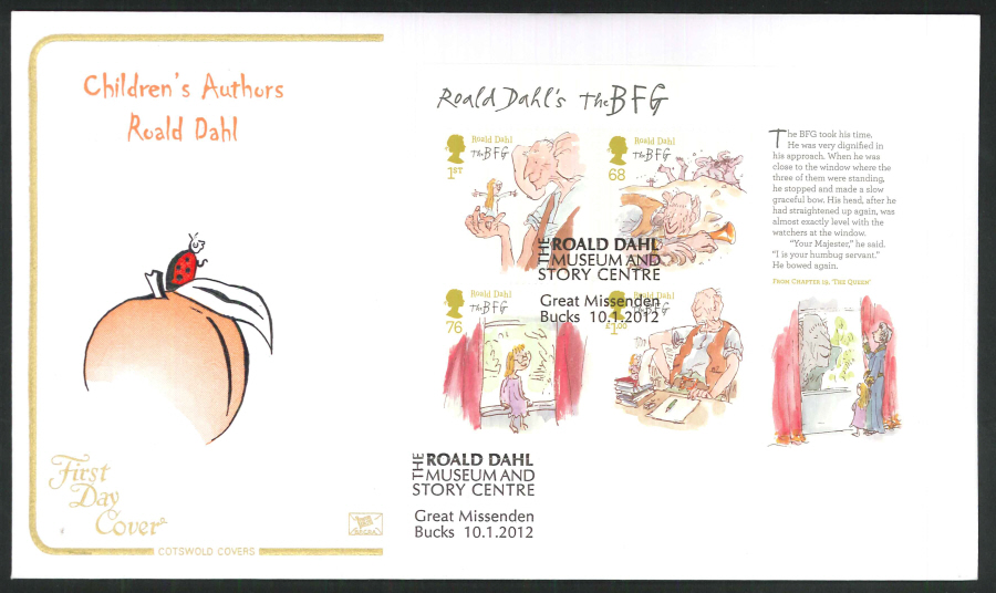 2012 - Children's Authors Roald Dahl - Mini Sheet FDC - The Roald Dahl Museum and Story Centre, Great Missenden, Bucks Postmark