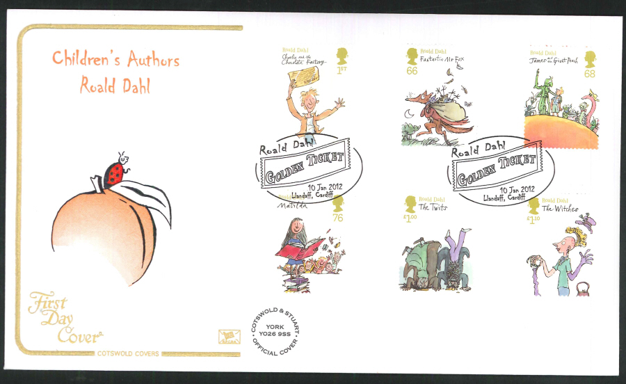 2012 - Children's Authors Roald Dahl - FDC - Golden Ticket, Llandaff, Cardiff Postmark