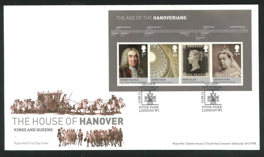 2011 The House of Hanover Royal Mail Mini Sheet First Day Cover - House of Hanover Hyde Park London Postmark