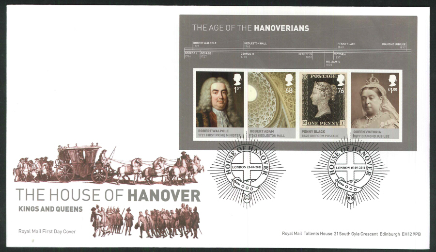 2011 The House of Hanover Royal Mail Mini Sheet First Day Cover - House of Hanover London Postmark - Click Image to Close