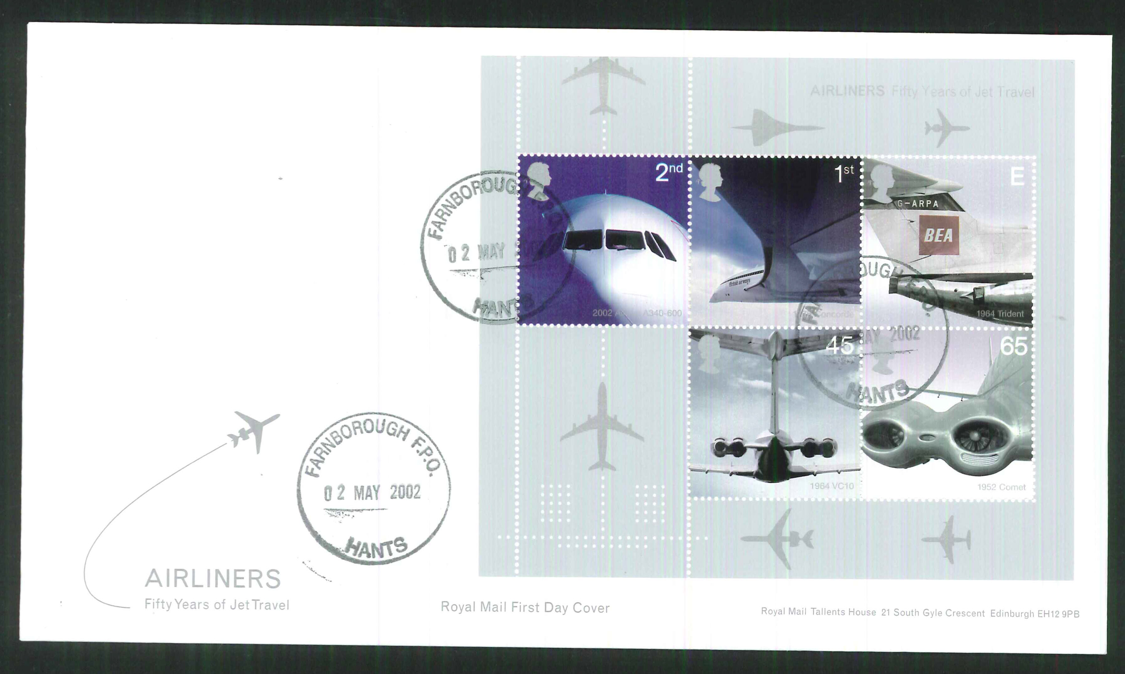 2002 -Airliners Mini Sheet -Farnborough F P O C D S Postmark - Click Image to Close