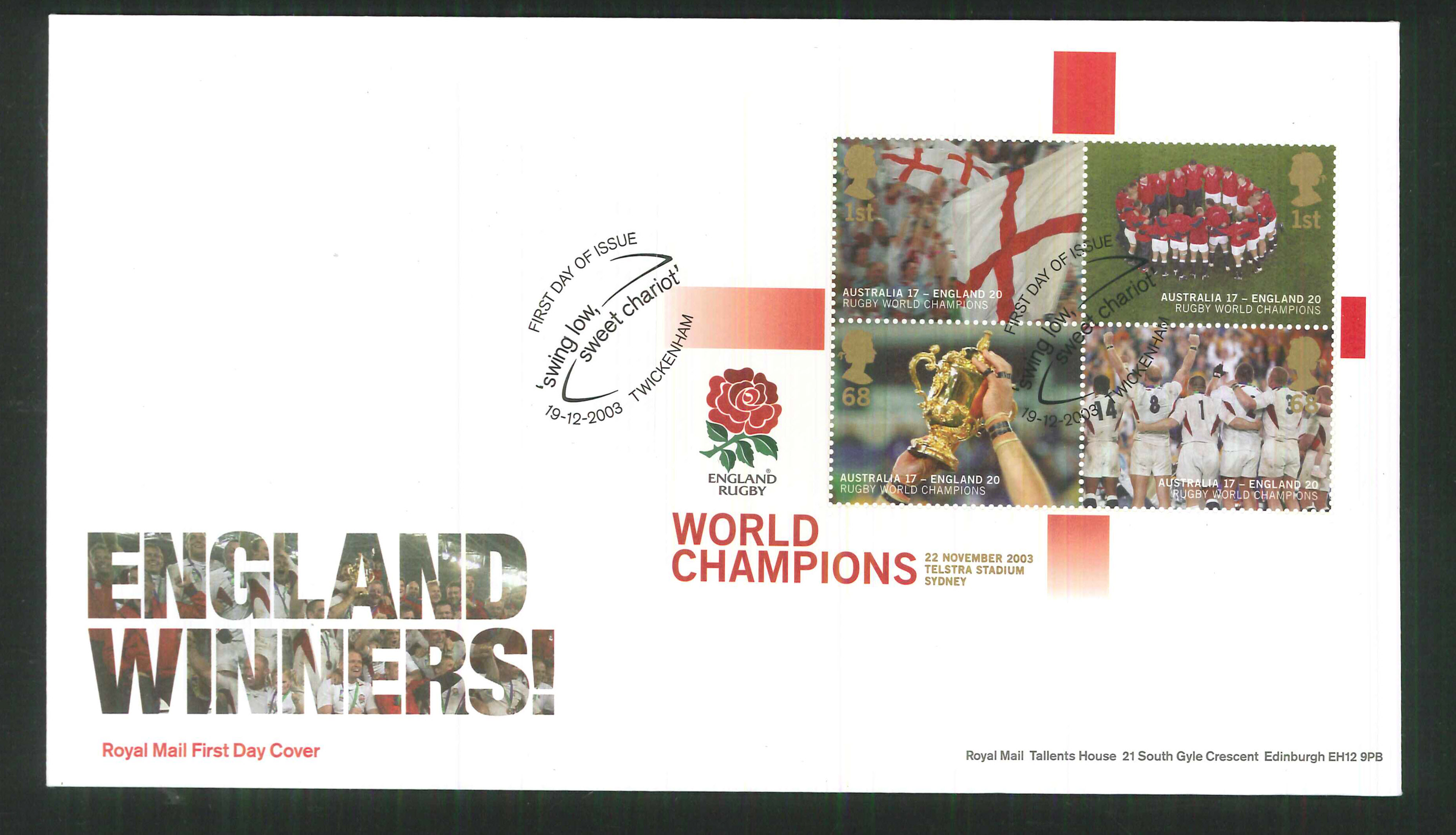 2003 - Rugby World Champions F D C Cover -F D I Twickenham Postmark - Click Image to Close