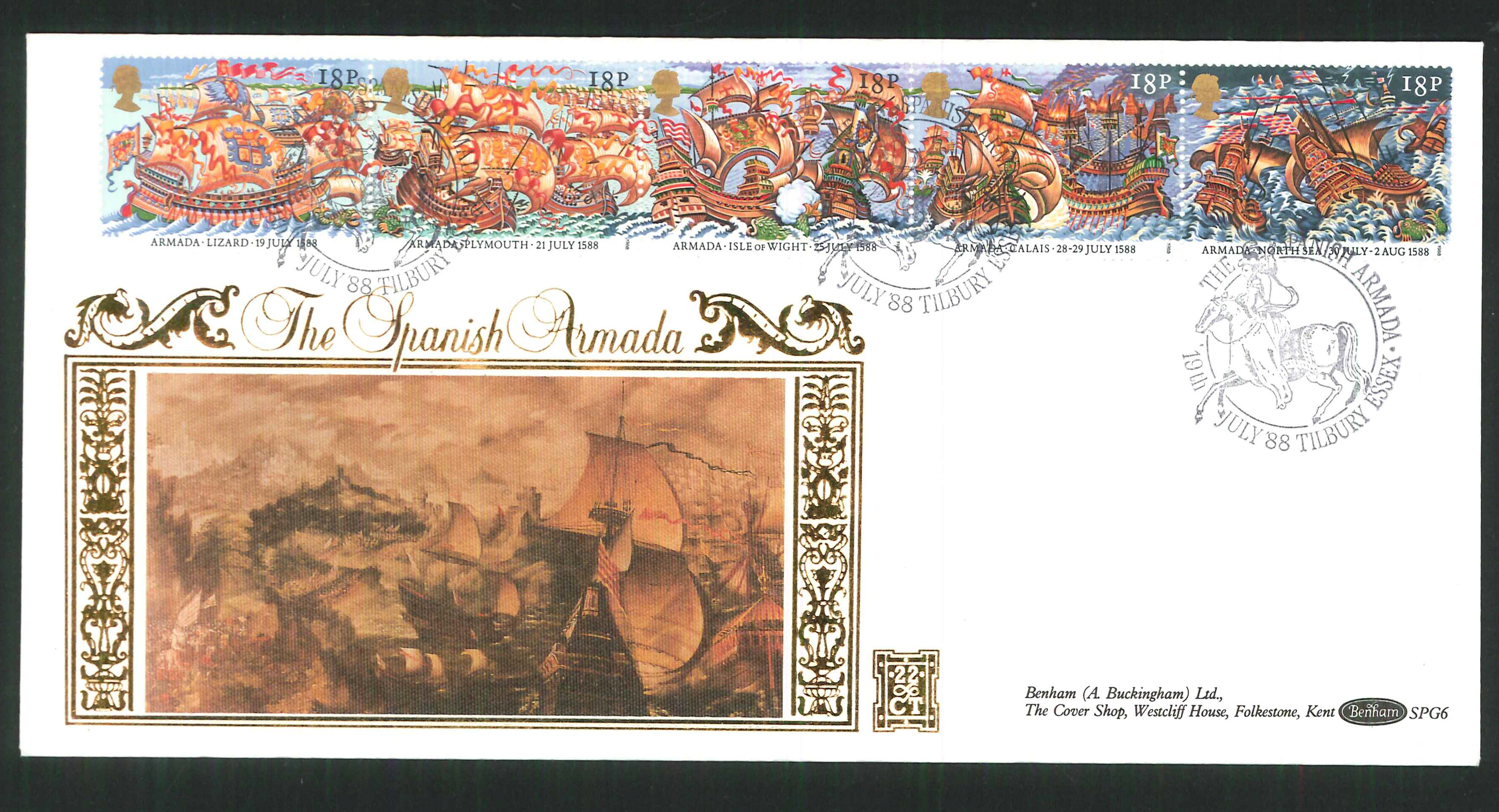 1988 -Armada FDC Benham 22ct Gold 500 Tilbury Essex Postmark - Click Image to Close