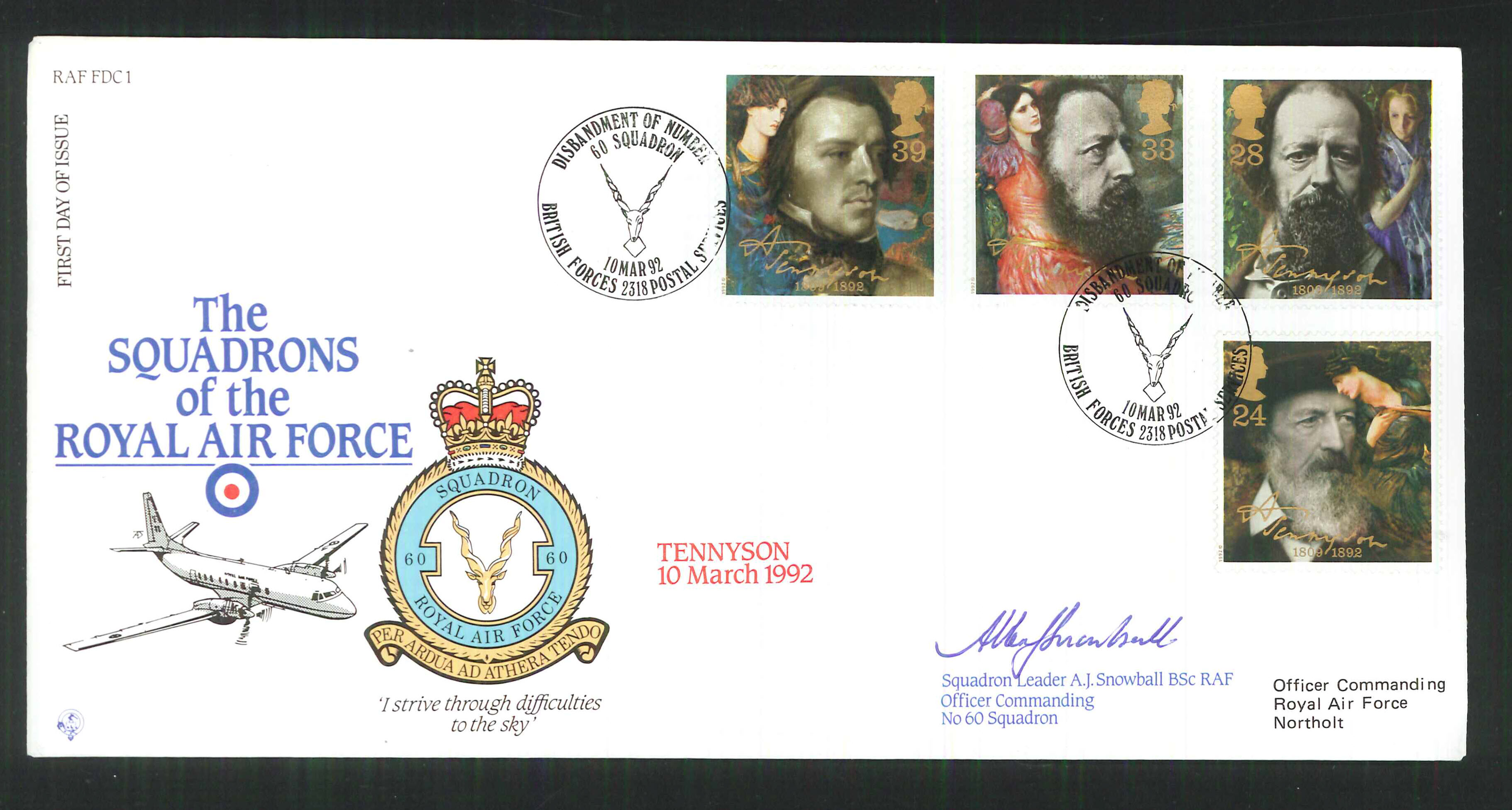 1992 - R A F Signed Tennyson First Day Cover - British Forces Postmark - Click Image to Close