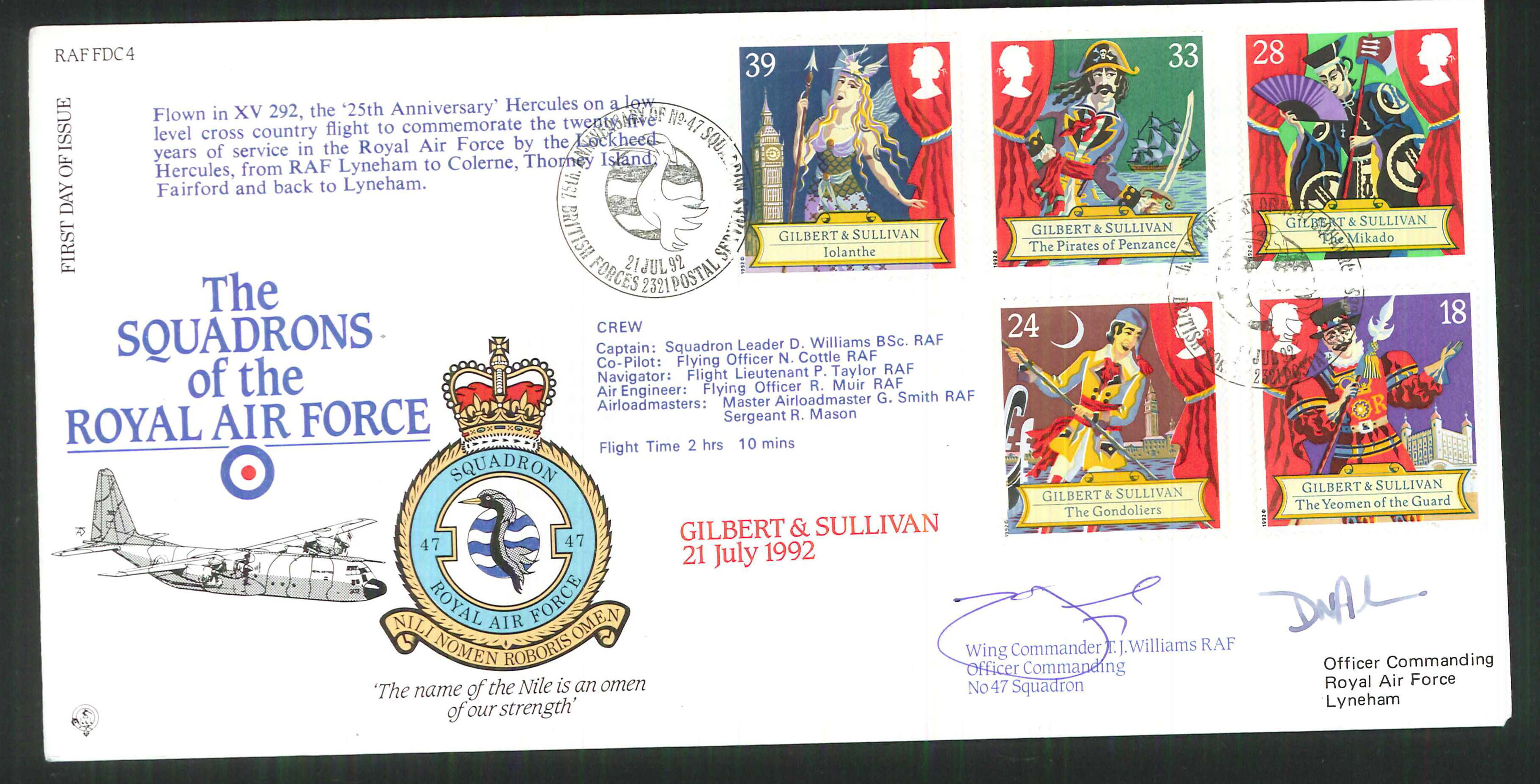 1992 - R A F Signed Gilbert & Sullivan First Day Cover - British Forces Postmark