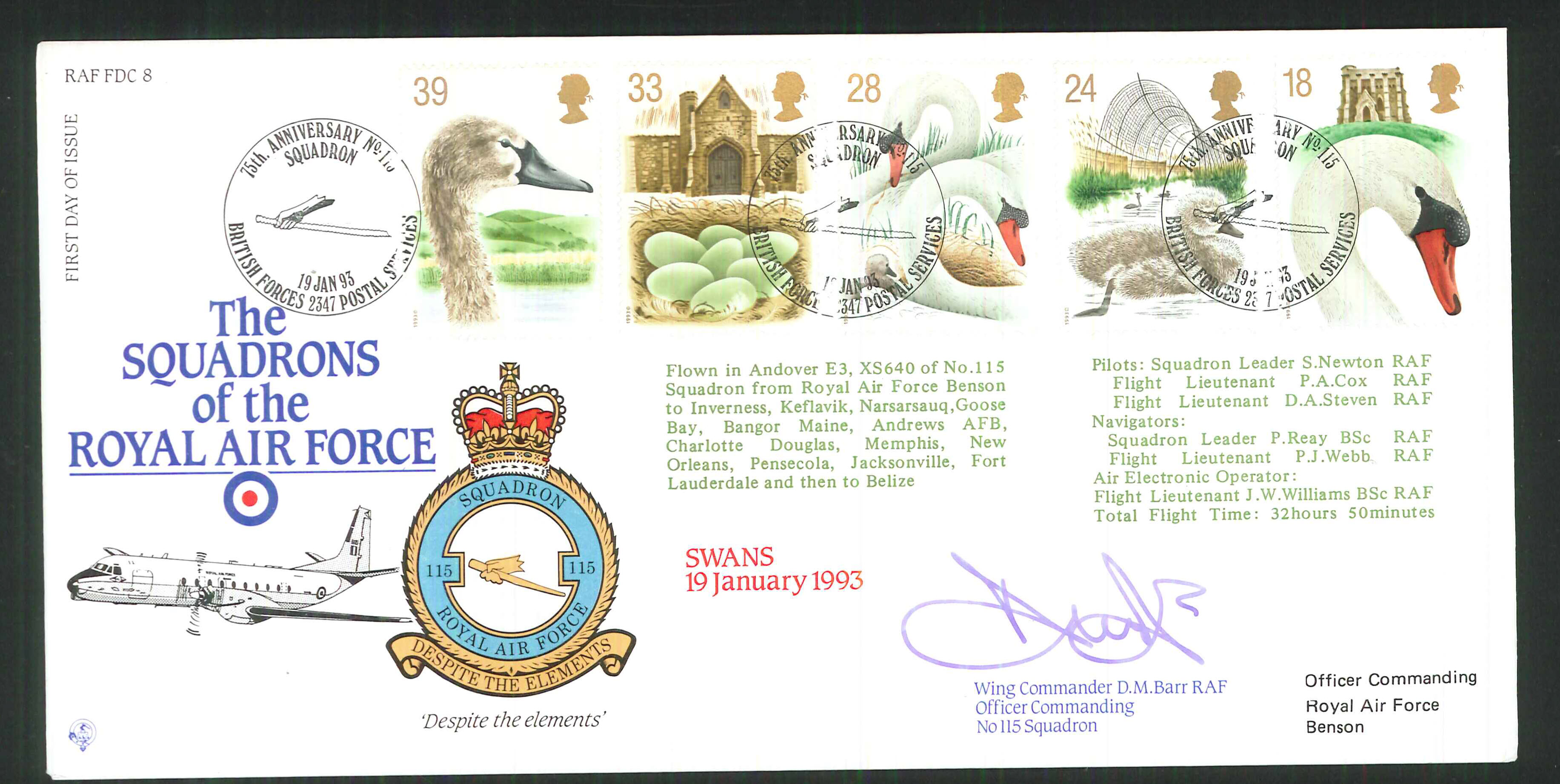 1992 - R A F Signed Swans First Day Cover - British Forces Postmark