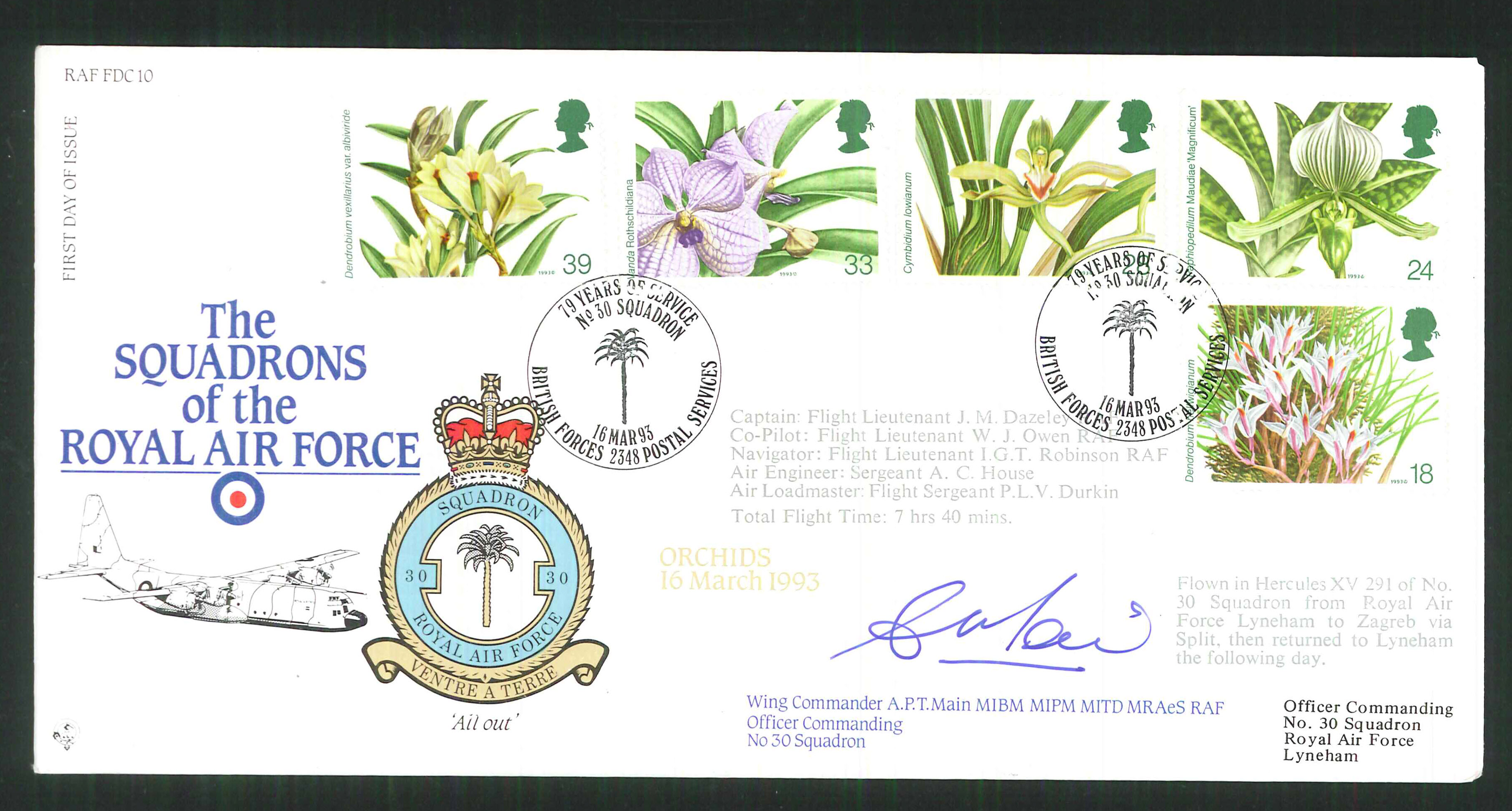 1992 - R A F Signed Orchids First Day Cover - British Forces Postmark