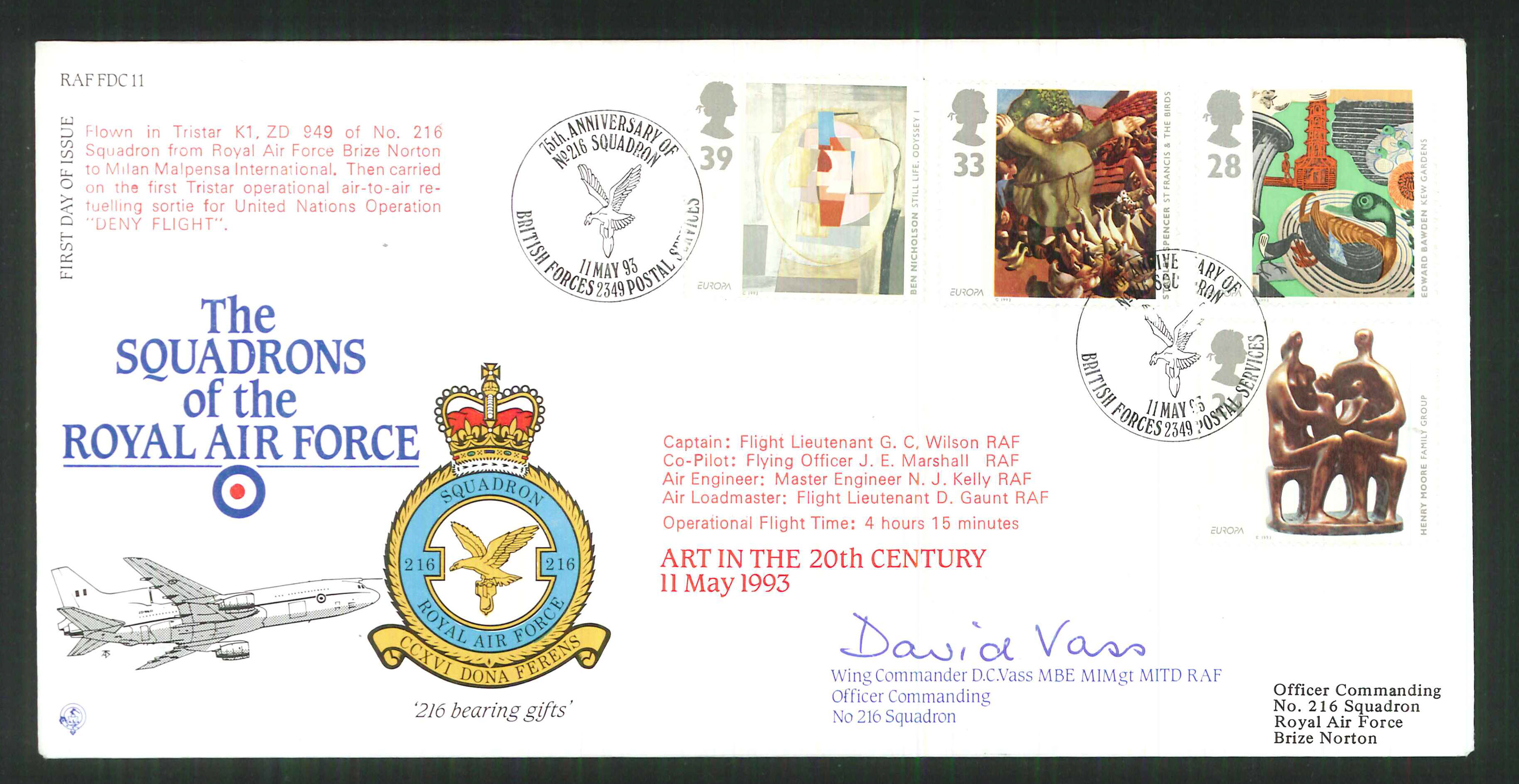 1992 - R A F Signed Art in the 20th Century First Day Cover - British Forces Postmark - Click Image to Close