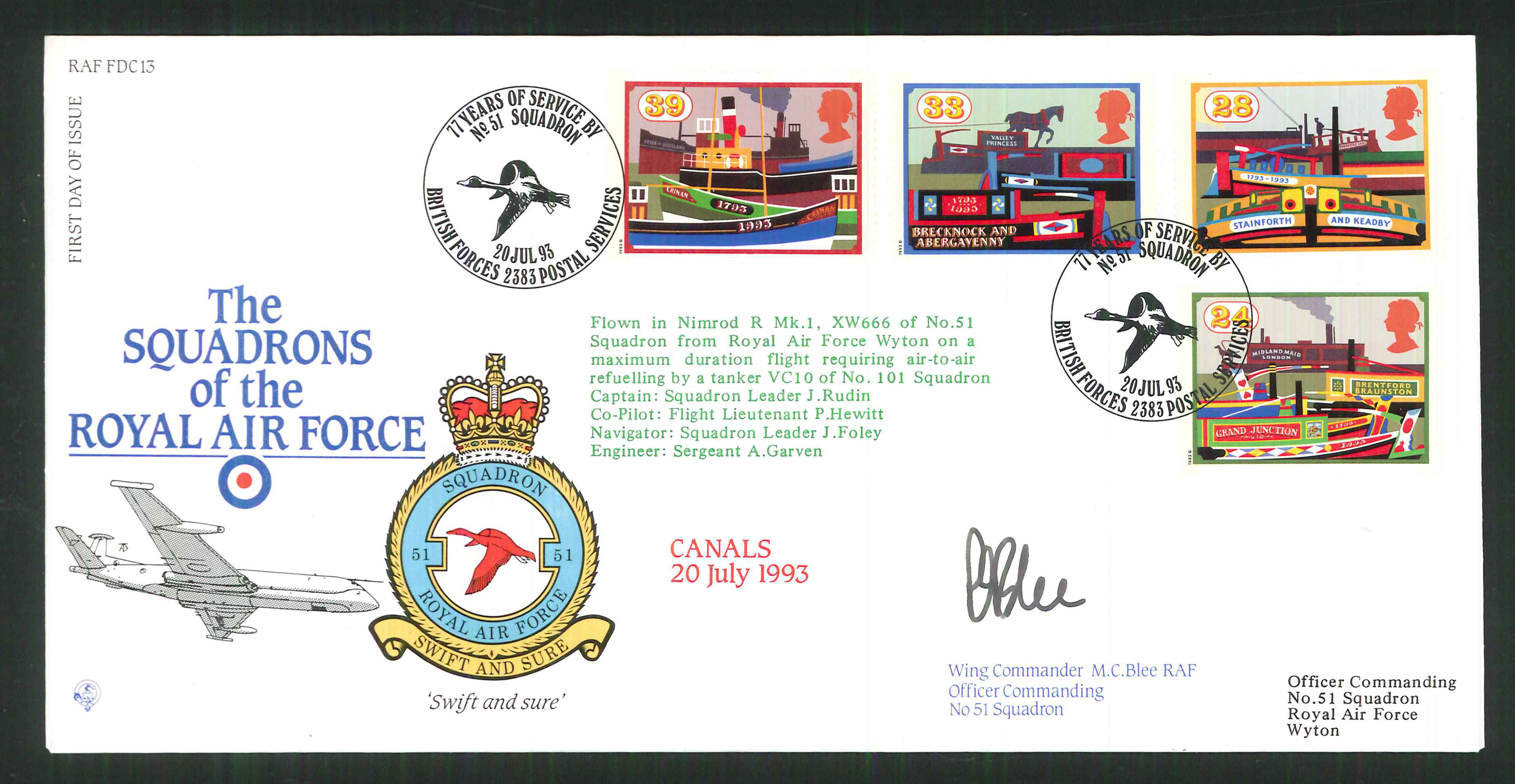 1992 - R A F Signed Canals First Day Cover - British Forces Postmark