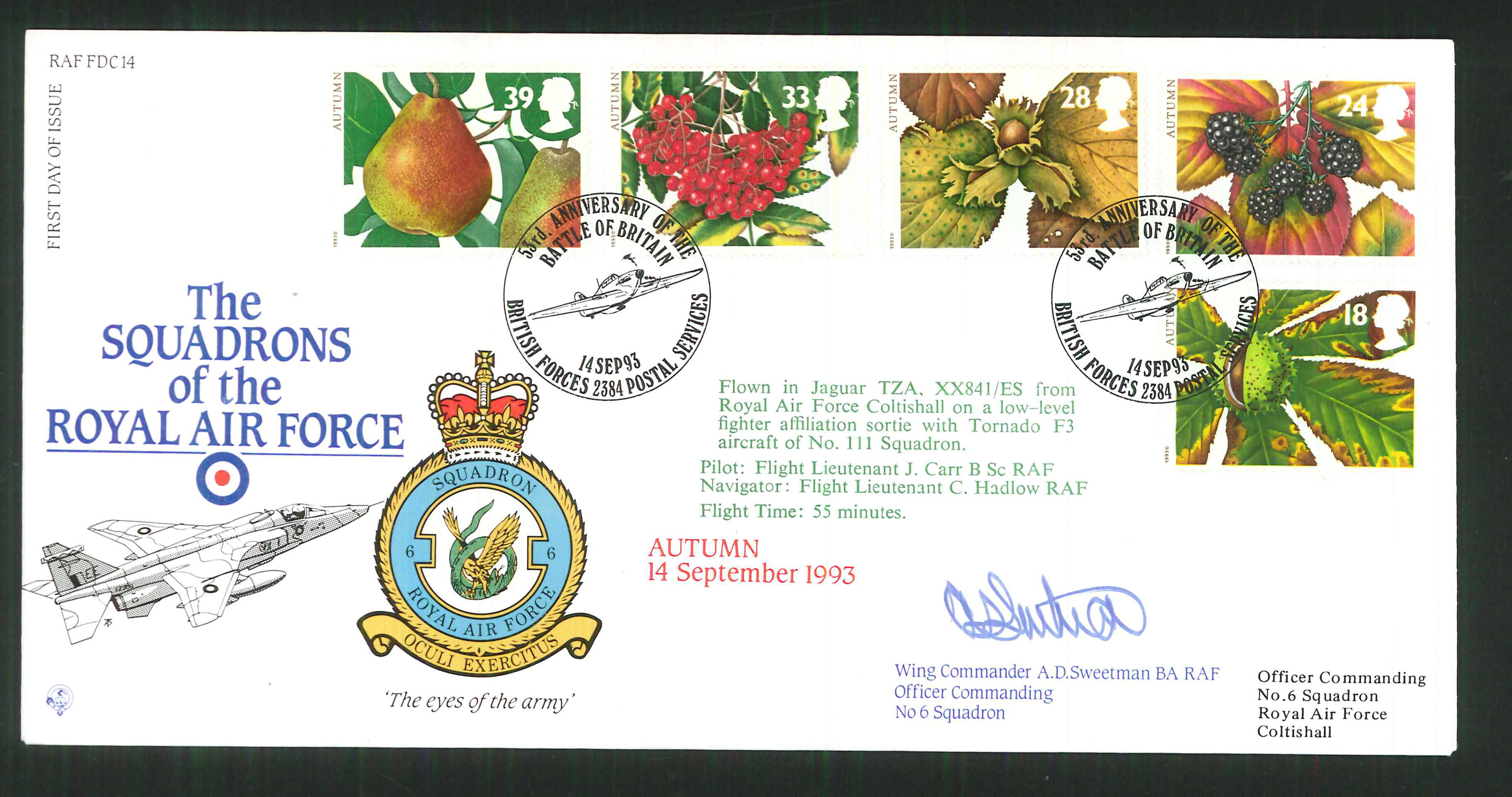 1992 - R A F Signed Autumn First Day Cover - British Forces Postmark - Click Image to Close