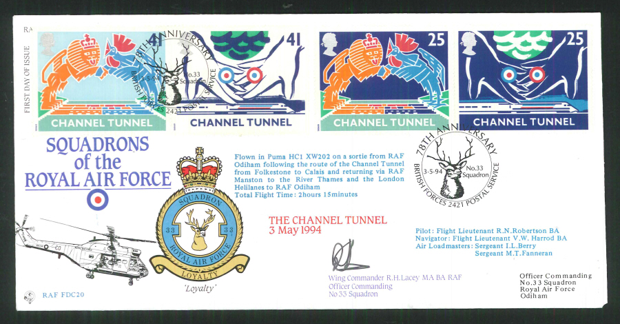 1994 - R A F Signed Channel Tunnel First Day Cover - British Forces Postmark - Click Image to Close