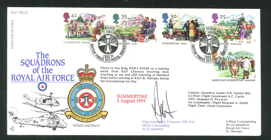 1994 - R A F Signed Summertime First Day Cover - British Forces Postmark