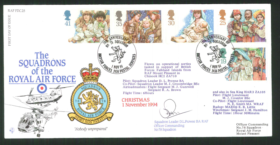 1994 - R A F Signed Christmas First Day Cover - British Forces Postmark