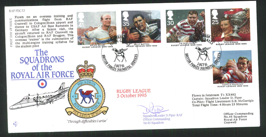 1995 - R A F Signed Rugby League First Day Cover - British Forces Postmark