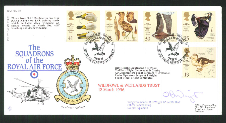 1996 - R A F Signed Wildfowl & Wetlands First Day Cover - British Forces Postmark