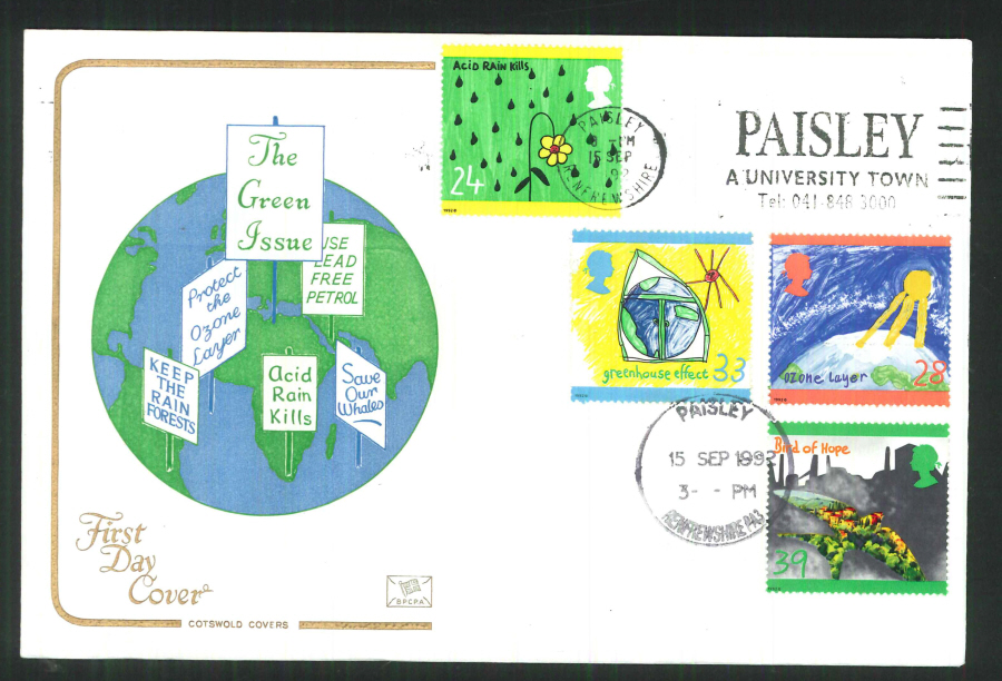 1992 - Green Issue First Day Cover Slogan Paisley University Town Postmark - Click Image to Close