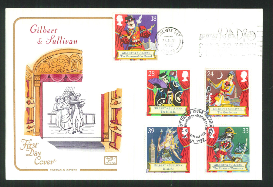 1992 -Gilbert & Sullivan First Day Cover Slogan BBC Radio Colyn Bay Town Postmark