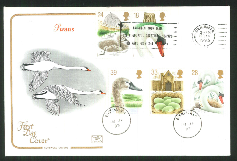 1993 - Swans First Day Cover - Slogan Greetings Stamps Postmark
