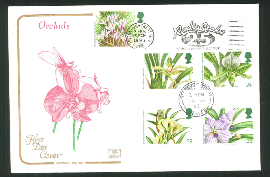 1993 - Orchids First Day Cotswold Cover - Radio Stoke S O T Postmark