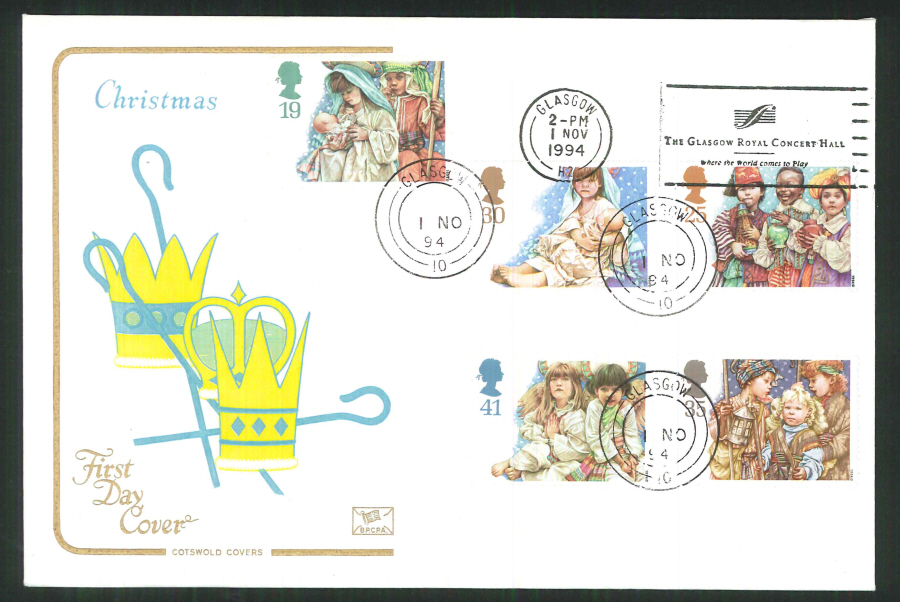 1994 - Christmas Cotswold Slogan FDC - Glasgow Royal Concert Hall Slogan Postmark