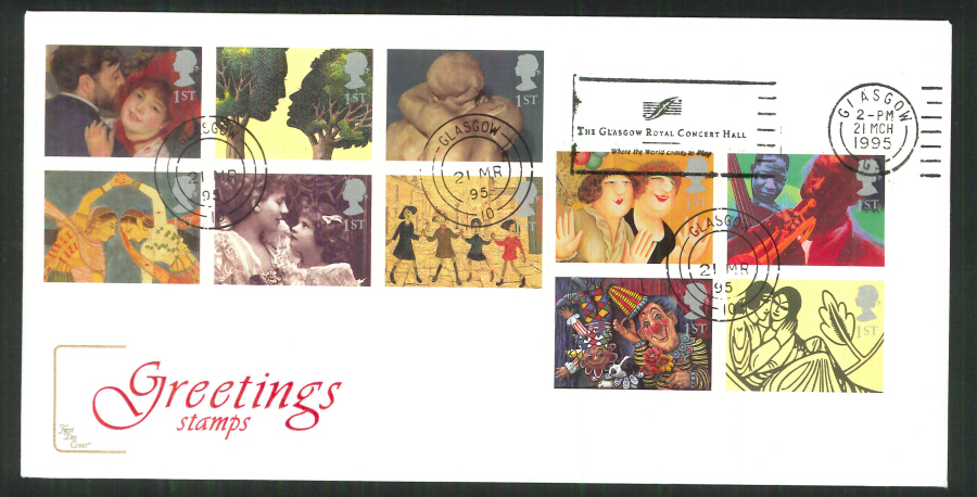 1995 - Greetings Stamps, Cotswold Slogan FDC - Glasgow Royal Concert Hall Postmark - Click Image to Close