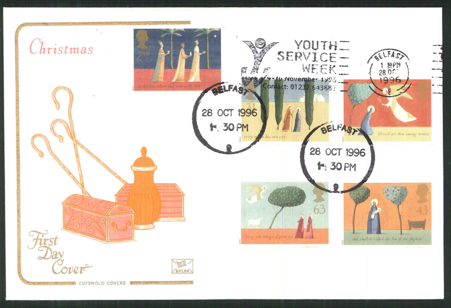 1996 - Christmas, Cotswold Slogan FDC - Youth Service Week Belfast Postmark - Click Image to Close