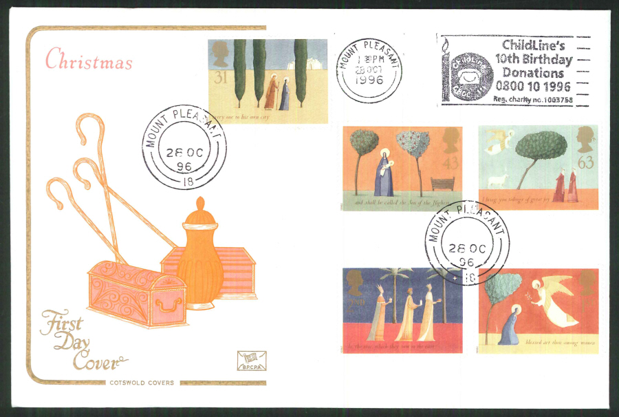 1996 - Christmas, Cotswold Slogan FDC - Childline Mount Pleasant Belfast Postmark