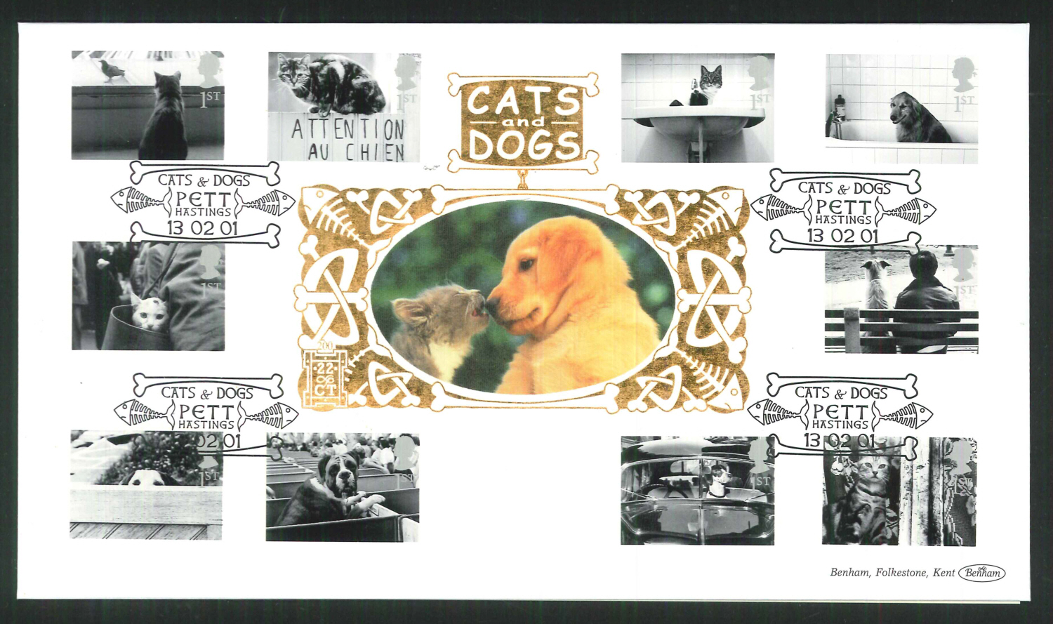 2001 -Cats & Dogs FDC Benham 22ct Gold 500 Pett Hastings Postmark