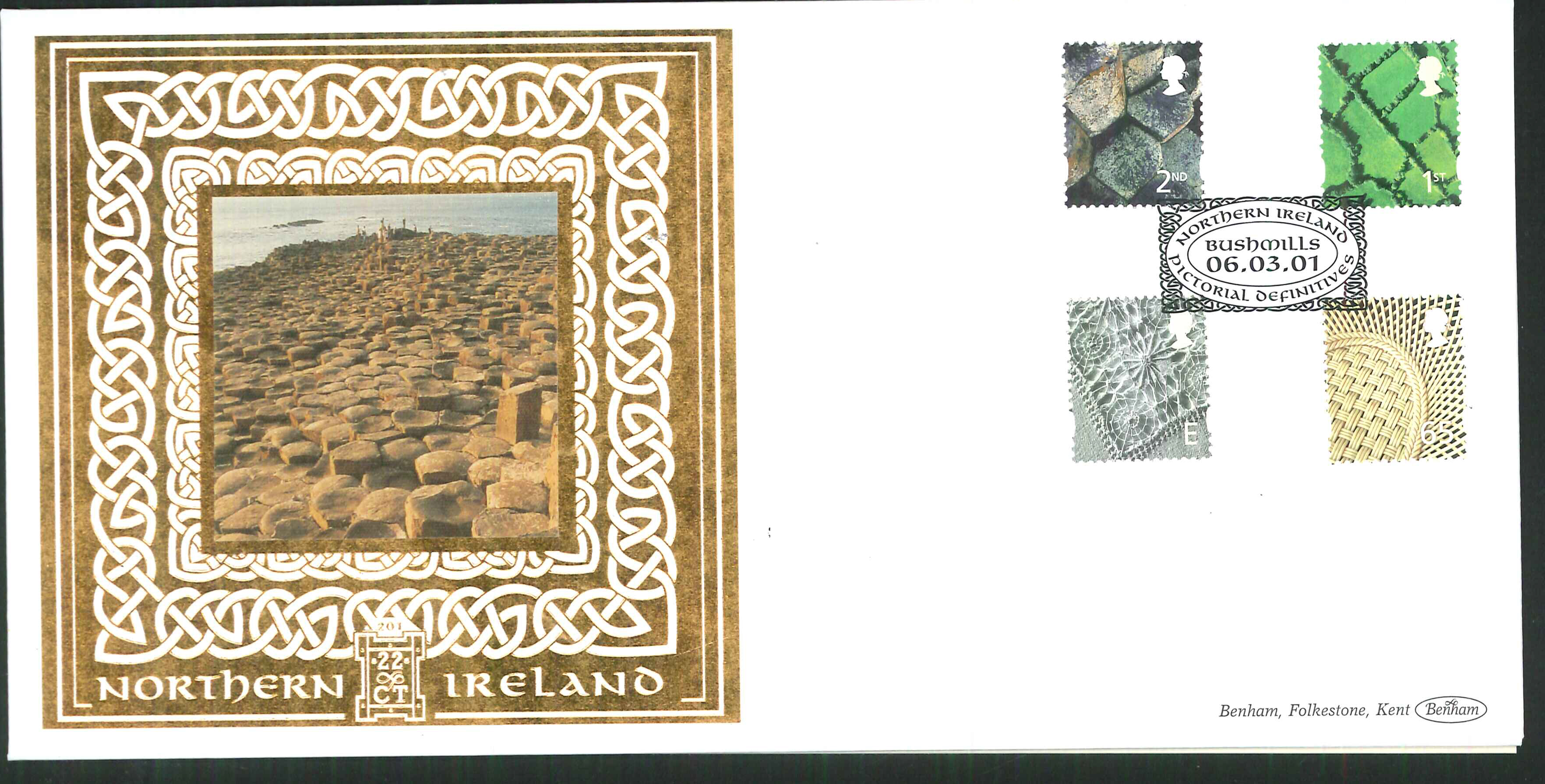 2001 -N I Defins FDC Benham 22ct Gold 500 Bushmills Postmark - Click Image to Close