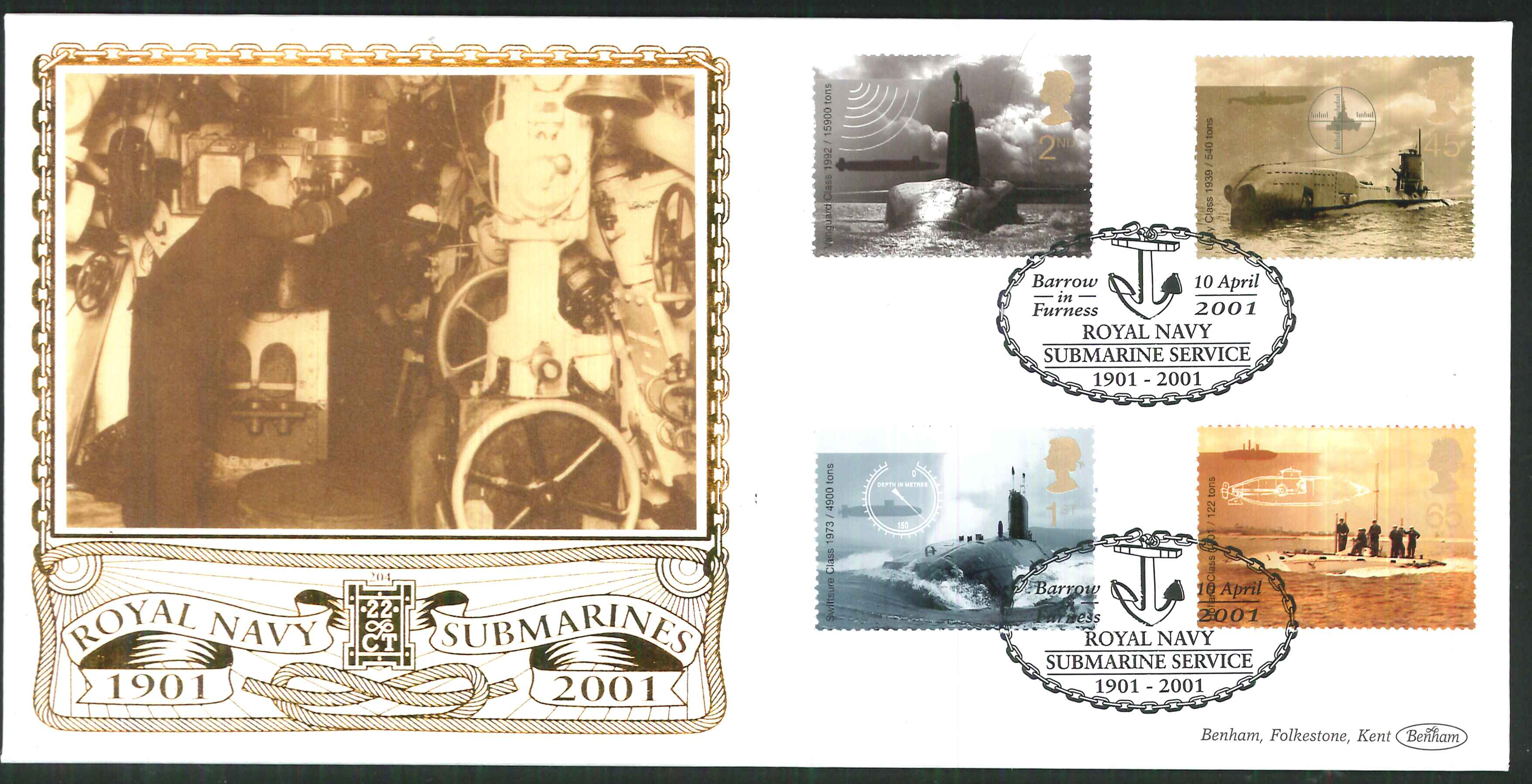 2001 - Submarines FDC Benham 22ct Gold 500- Submarine Service Postmark