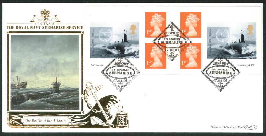 2001 - Submarines S A FDC Benham 22ct Gold 500- Submarine N V I Postmark