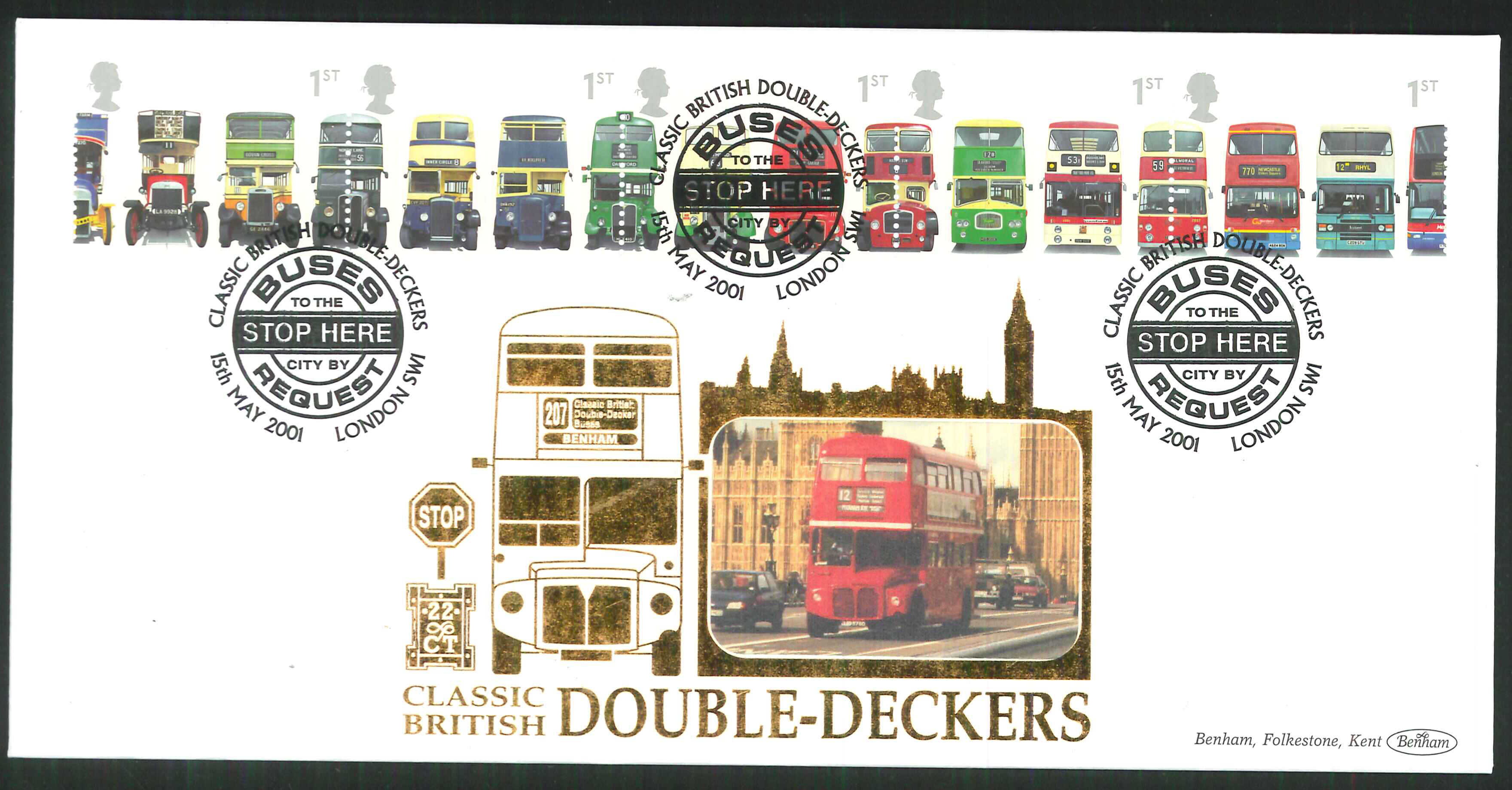 2001 - Buses FDC Benham 22ct Gold 500 London SW1 Postmark - Click Image to Close