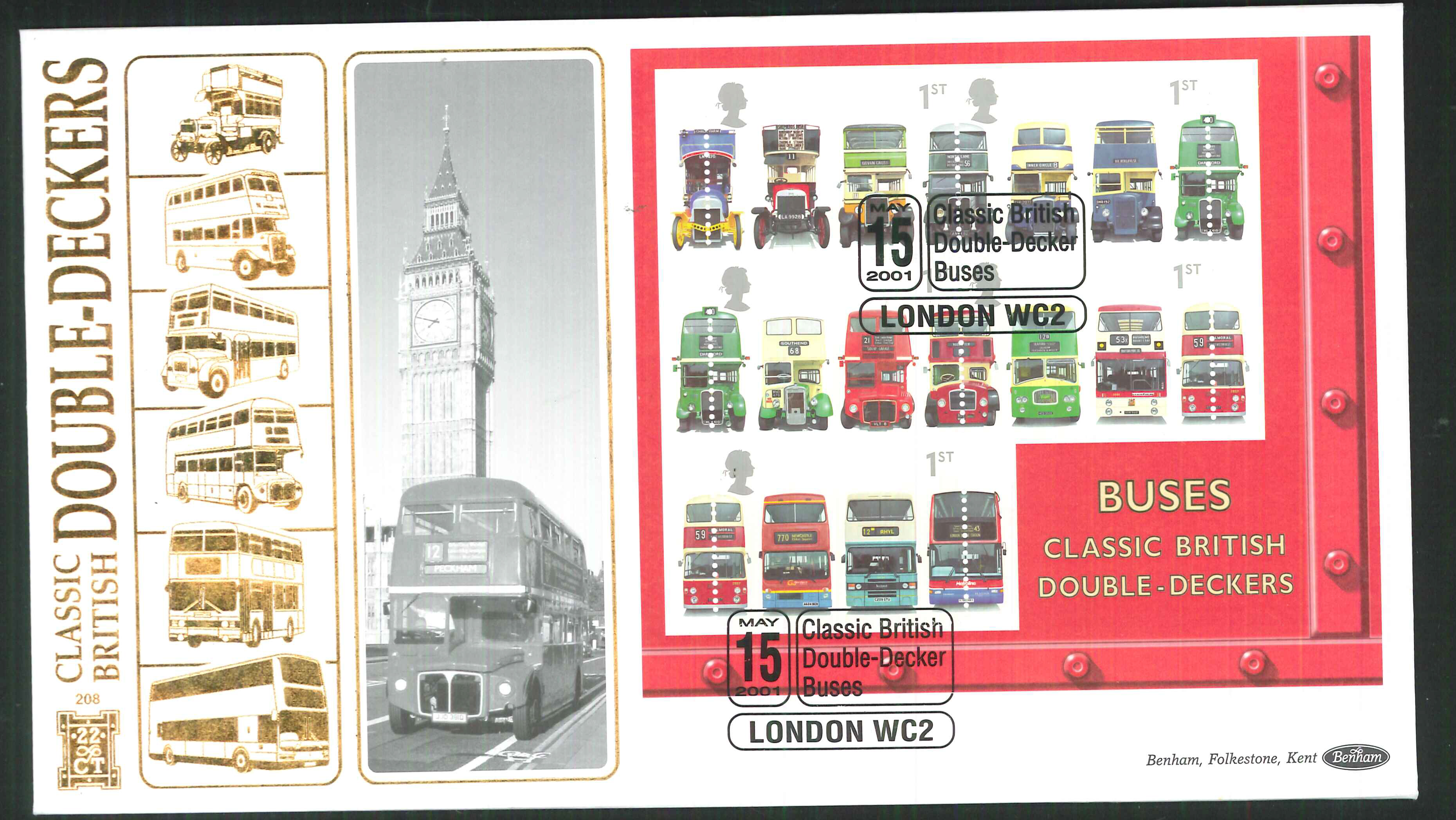 2001 - Buses M/S FDC Benham 22ct Gold 500 London WC2 Postmark - Click Image to Close