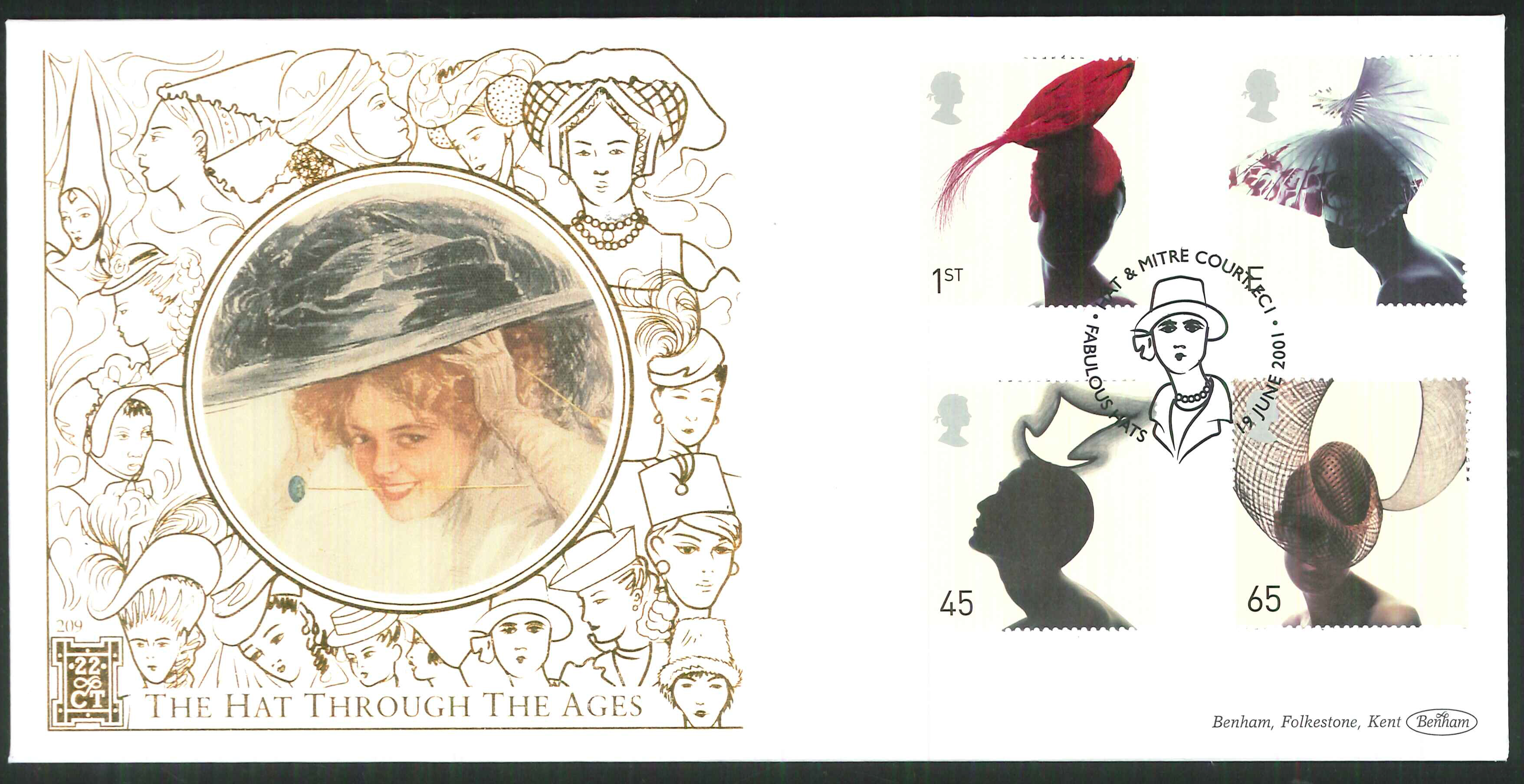 2001 -Fabulous Hats FDC Benham 22ct Gold 500 Hat & Mitre Postmark