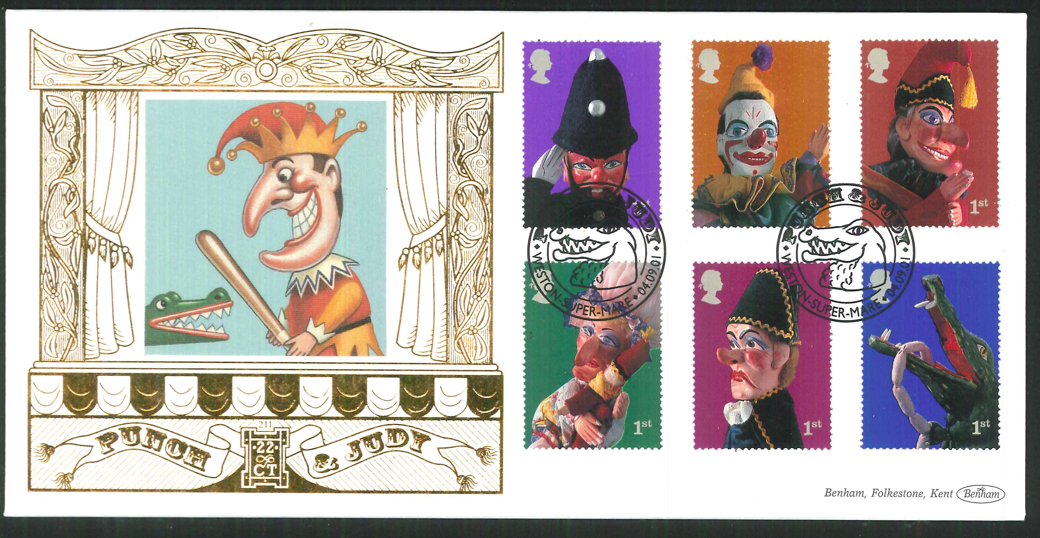 2001 - Punch & Judy FDC Benham 22ct Gold 500 - Weston super Mare Postmark