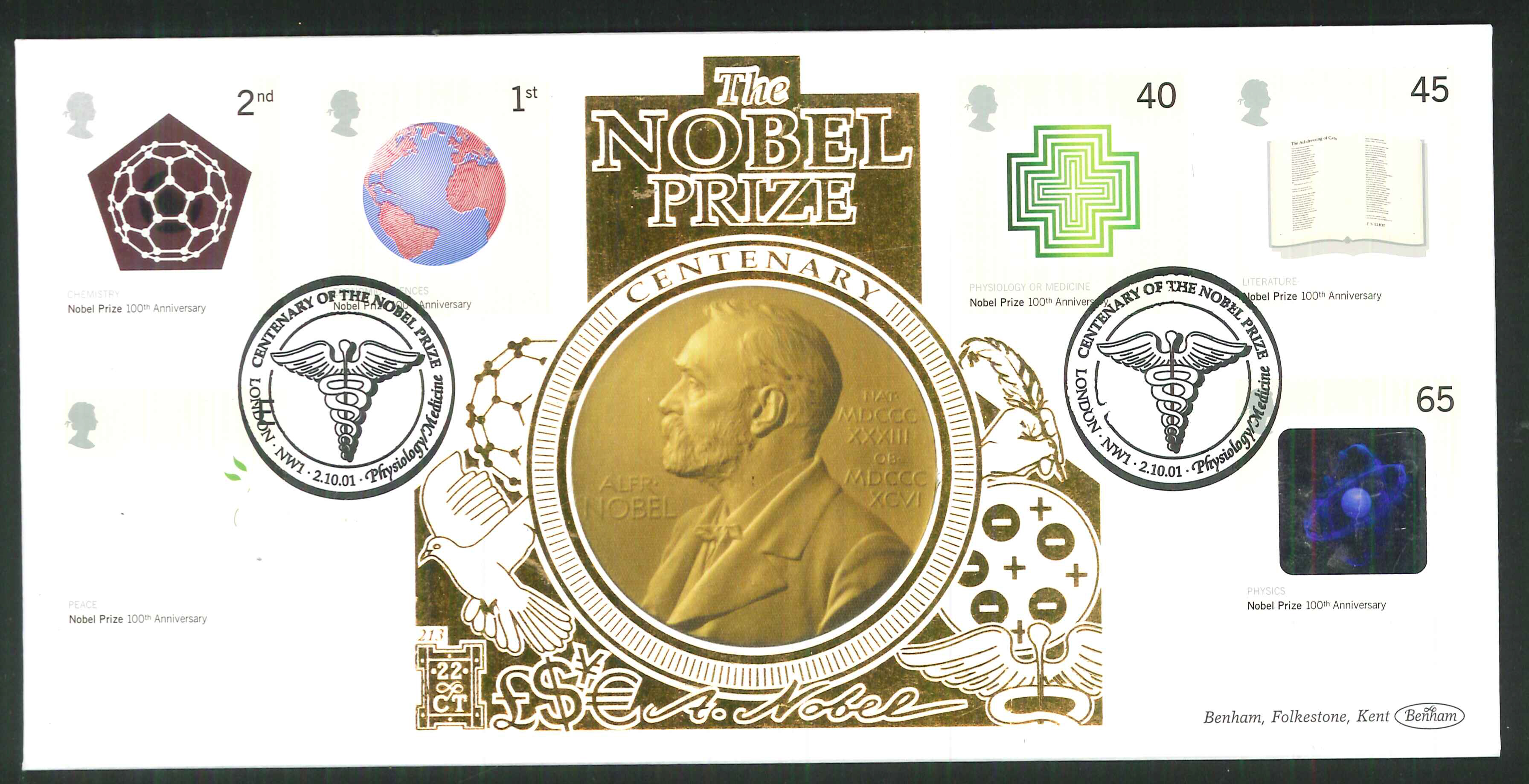 2001 - Nobel Prize FDC Benham 22ct Gold 500 - London NW3 Postmark