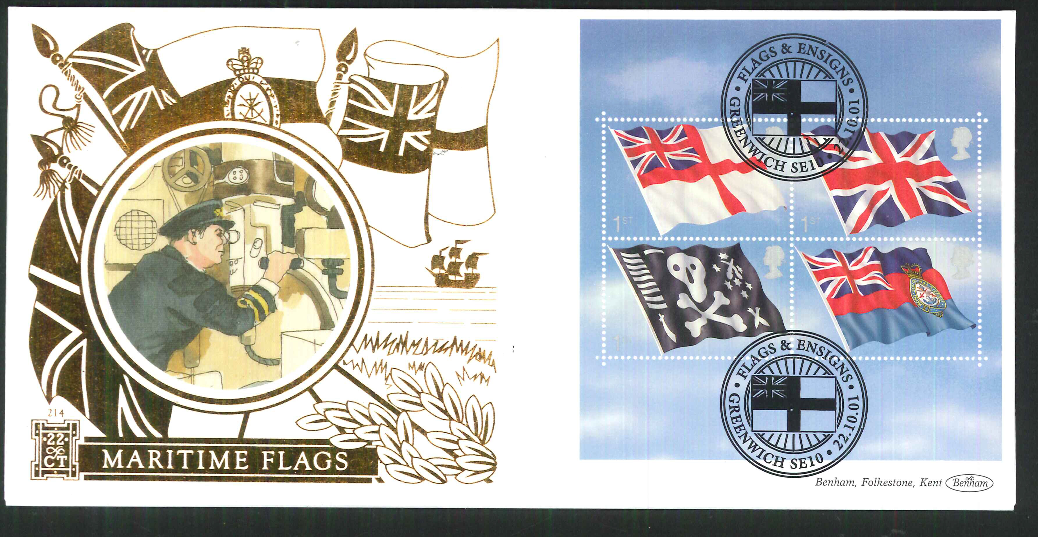 2001 - Flags & Ensigns M/S FDC Benham 22ct Gold 500 - Grenwich SE10 Postmark