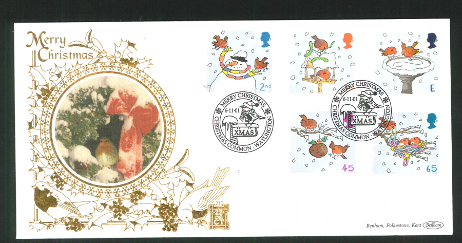 2001 -Christmas FDC Benham 22ct Gold 500 Christmas Common Postmark