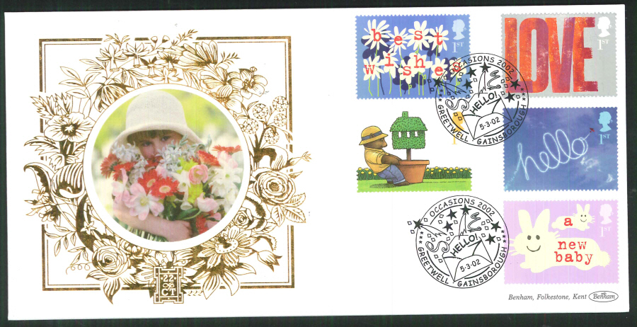 2002 -Greetings FDC Benham 22ct Gold 500Greetwell Gainsborough Postmark - Click Image to Close