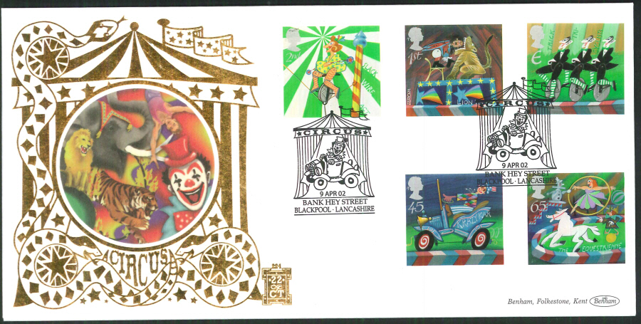 2002 -Circus FDC Benham 22ct Gold 500 Bank Hey St Blackpool Postmark