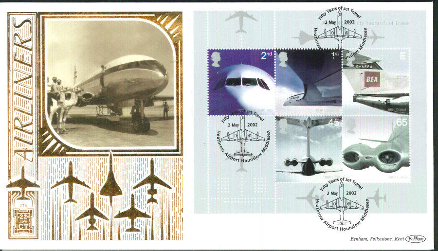 2002 - Airliners Mini Sheet FDC Benham 22ct Gold 500 - Heathrow Postmark - Click Image to Close