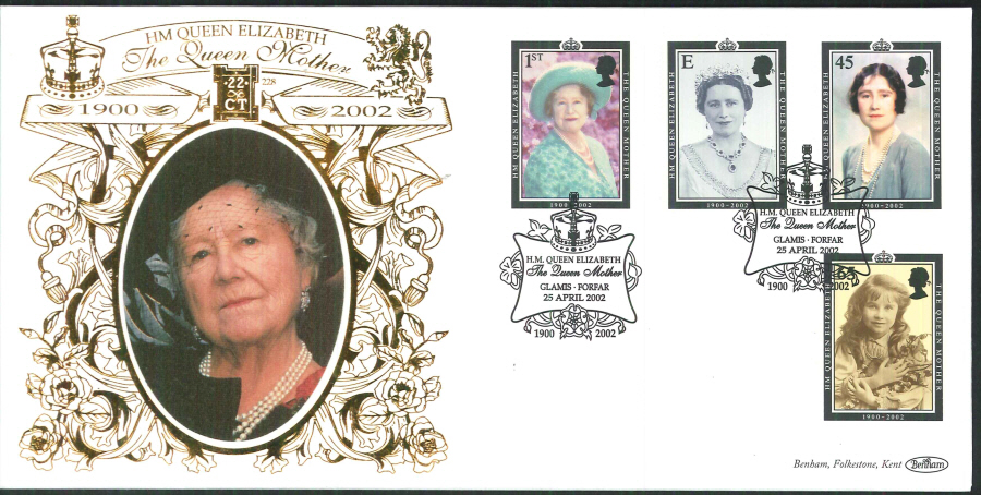 2002 -Queen Mother FDC Benham 22ct Gold 500 Glamis Forfar Postmark - Click Image to Close