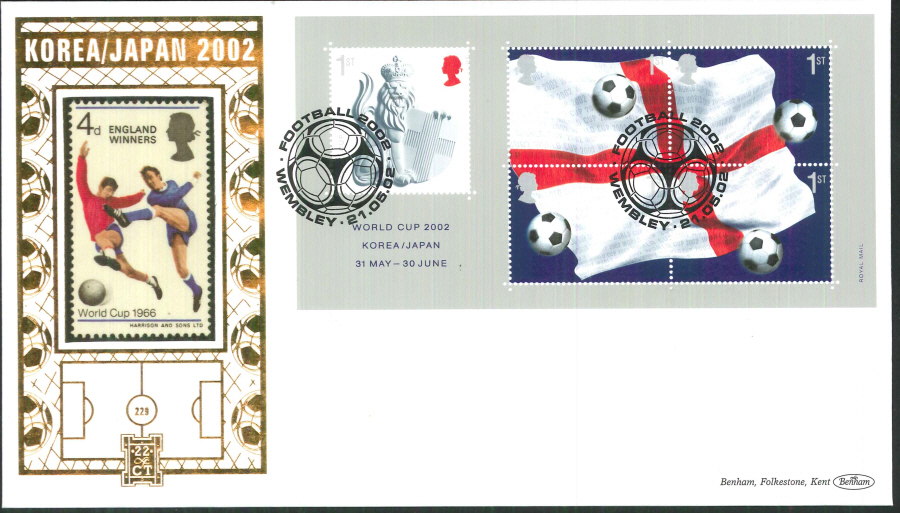 2002 -World Cup Mini Sheet FDC Benham 22ct Gold 500 Wembley Postmark - Click Image to Close