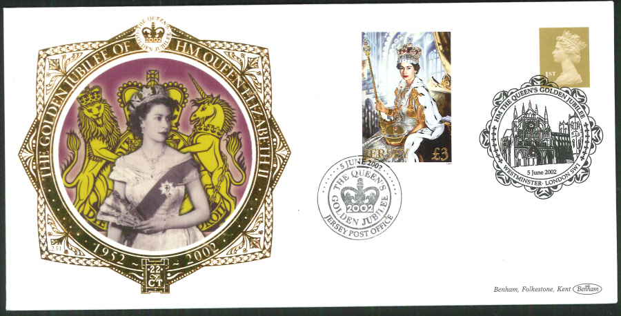 2002 -Gilden Jubilee Gold & Jersey FDC Benham 22ct Gold Westminster & Jersey Postmark - Click Image to Close