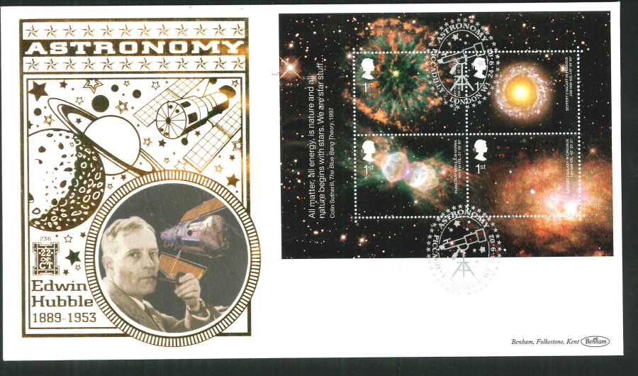 2002 -Astronomy Mini Sheet FDC Benham 22ct Gold 500 Piccadilly London Postmark